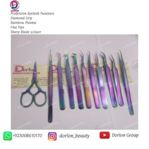 Pretty Rainbow Eyelash Tweezers Set In Diamond Cuts With Eyelash Scissor